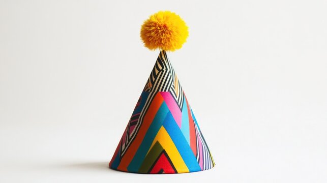 Birthday party hat with bold patterns, colorful stripes, and a pom-pom on top against pure white background