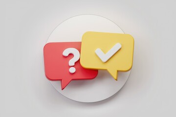 Leinwandbilder - 3D render of question mark and check mark in speech bubbles; representing queries and answers.