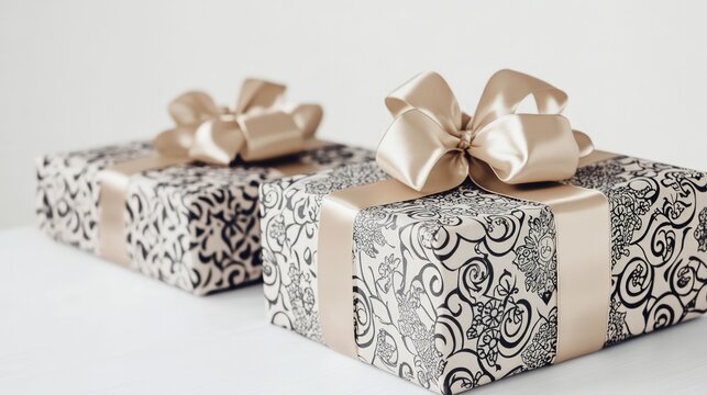 Birthday presents with intricate patterns on the wrapping paper, tied with elegant satin ribbons on a white table against pure white background