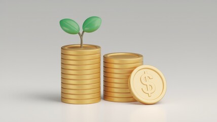 Poster - Stacks of gold coins with a sprouting plant symbolize growth and financial success.