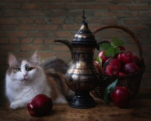 Wall Mural - Still life with red apples and pretty kitty