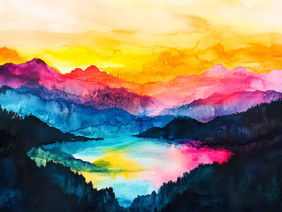 Wall Mural - a painting of a mountain range with a lake in the foreground