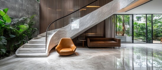 Poster - Elegant contemporary marble staircase with stylish design showcasing modern interior aesthetics and lush greenery backdrop
