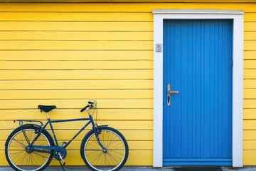 Canvas Print - A blue bicycle parked next to a bright yellow building on a sunny day