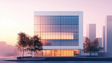 Poster - Modern Office Building with Minimalist Design at Sunrise Reflecting Social Responsibility Values in Urban Environment