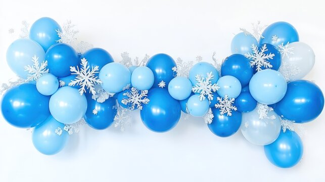 Elegant balloon arch with snowflake accents and frosty blue balloons for a winter birthday celebration against pure white background