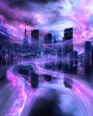 Poster - Pulsating skyline of a futuristic metropolis enveloped in waves of vibrant light and digital distortion captivating visual style with high contrast cinematic lighting