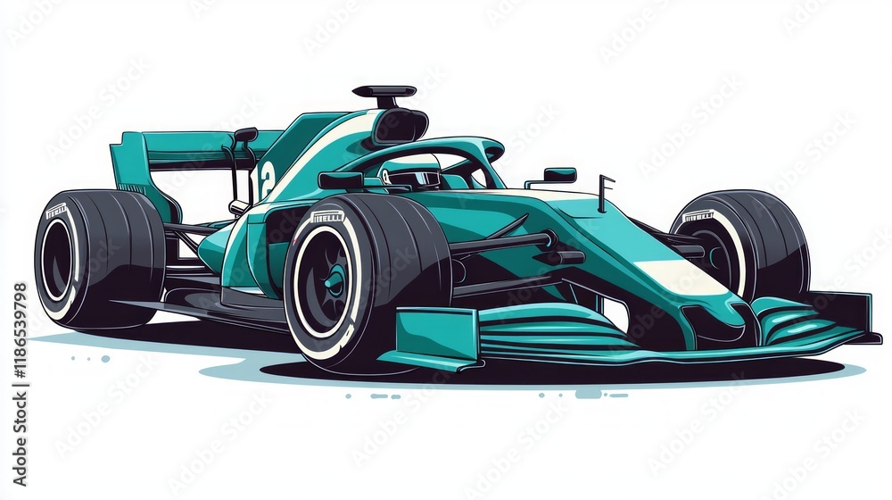 Teal and white Formula 1 race car illustration, angled view. Stock ...