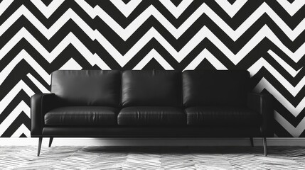 Poster - Modern Sofa with Assembly Instructions Against Black and White Chevron Pattern Wall Art for Interior Design and Furniture Guidance