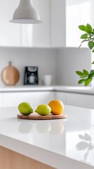 Poster - Two limes and a lemon sit on a small wooden cutting board on a pristine white countertop in a brightly lit modern kitchen, embodying freshness and healthy living