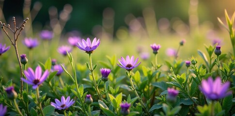 Wall Mural - Purple flowers are scattered among greenery and twigs, wildflowers, meadow, purple