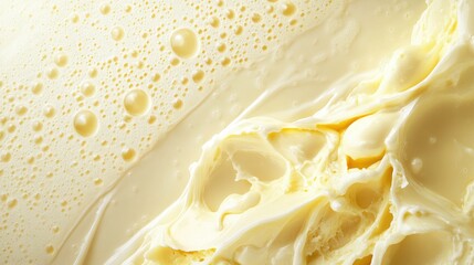 Poster - Creamy Dairy Texture Close-Up with Bubbles Highlighting Freshness and Quality in a Soft Neutral Background