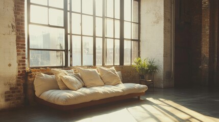 Poster - Minimalist Loft Apartment with Natural Light Featuring Cozy Sofa and Cushions Beside Large Industrial Windows