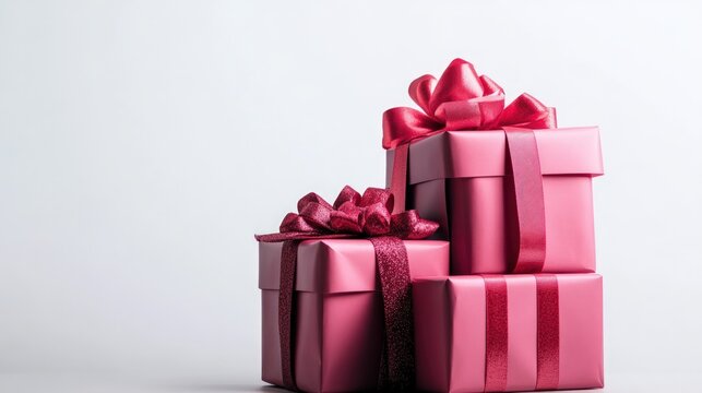 Pile of birthday gifts with shiny wrapping paper and festive ribbons stacked neatly against pure white background