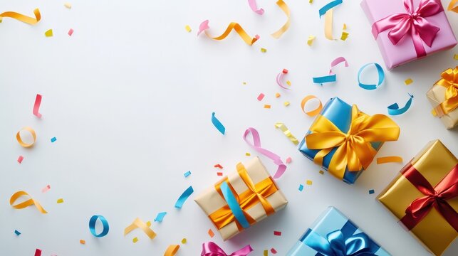 Several birthday gifts with glossy wrapping and colorful ribbons, displayed against a clean white background