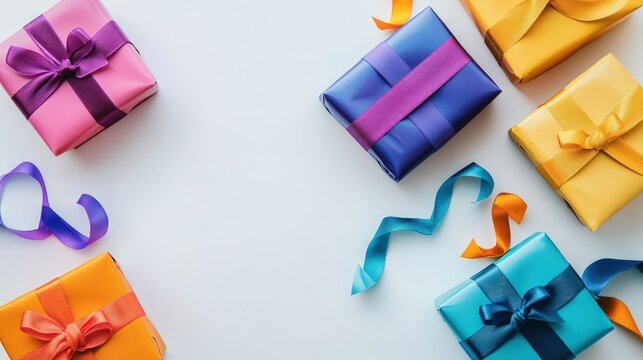 Several birthday gifts with glossy wrapping and colorful ribbons, displayed against a clean white background