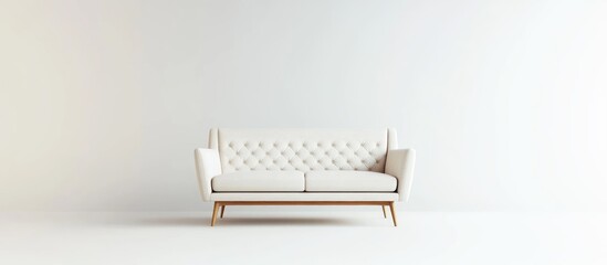 Poster - Elegant sofa with wooden legs against a minimalist white background ideal for furniture design presentation and showcasing interior decor styles