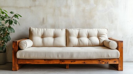 Poster - Elegant wooden sofa with plush cushions in a minimalistic living room setting featuring natural textures and warm tones.