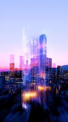 Poster - Captivating Quantum Fluctuations Vibrant Holographic Skyline at Dusk   Shimmering digital data stream glitch art inspired hyper saturated glowing retrofuturistic skyline panorama
