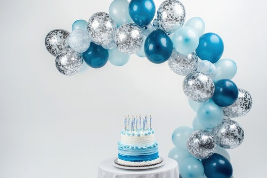 Winter birthday balloon arch with icy blue and silver balloons, a birthday cake placed underneath against pure white background