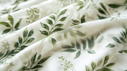 Poster - Elegant Cotton Fabric with Green Leaf Patterns on Soft and Fluffy Texture for Home Decor and Fashion Design Applications