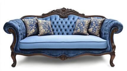Poster - Elegant Vintage Blue Sofa with Decorative Cushions and Intricate Woodwork Design