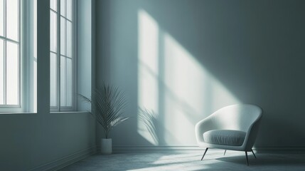 Poster - Minimalist Room Design with Soft Bluish Gray Walls, Gentle Lighting and Elegant Chair Creating a Calm Ambiance