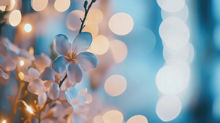 Poster - Soft Blurred Blue Lights with Floral Elements Creating an Elegant Bokeh Background for Promotional Use