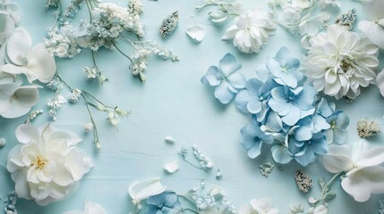 Poster - Delicate floral arrangement featuring soft blue petals on a serene light blue background for a tranquil aesthetic.