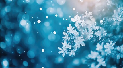 Poster - Blurry Snowflakes on Blue Background for Holiday Season with Bokeh Effect and Space for Text or Copy