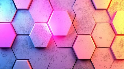Poster - Abstract hexagonal pattern with colorful neon lights and textured surface for creative background design