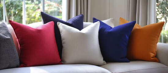 Poster - Vibrant decorative pillows on a cozy sofa creating a stylish and inviting living room atmosphere