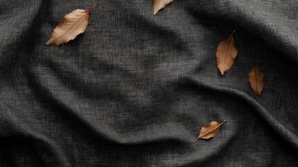 Poster - Soft dark grey vintage linen fabric backdrop adorned with falling leaves ideal for elegant product display and mockup presentations