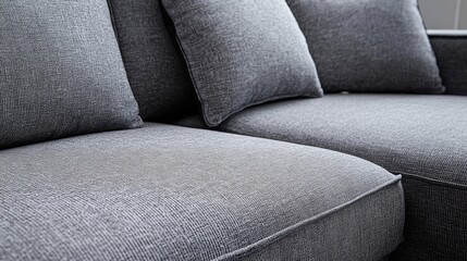 Poster - Close up of textured gray soft fabric sofa cushions showcasing modern design and comfort in contemporary living space.