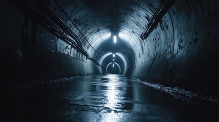 Poster - mysterious dark underground tunnel with soft focus highlights and reflections on wet surface