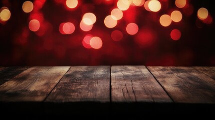 Poster - Empty Rustic Wooden Table with Soft Focus Red Bokeh Background Ideal for Holiday Product Display and Creative Advertising Use