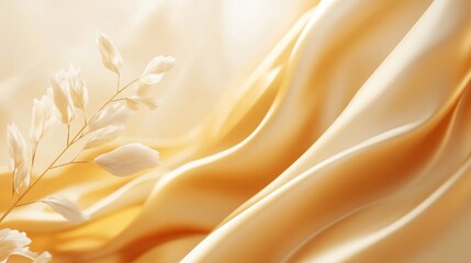Poster - Luxurious soft gold silk fabric with elegant folds and gentle drapes on a delicate light background for sophisticated design concepts.