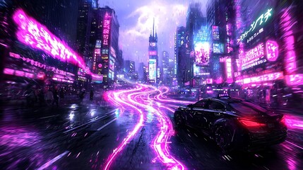 Poster - Vibrant neon soaked cityscape with quantum fluctuations captivating chiaroscuro lighting and a retrofuturistic neo Tokyo aesthetic  A mesmerizing