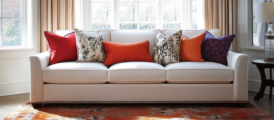 Poster - cozy living room featuring a soft sofa with vibrant decorative pillows and natural light enhancing a