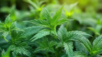 Poster - Bright green nettle leaves adorned with soft focus water droplets glistening in natural light creating a serene botanical atmosphere