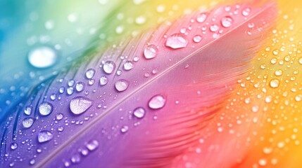 Poster - Pastel gradient rainbow feather adorned with water droplets showcasing macro details and soft focus for tranquil imagery