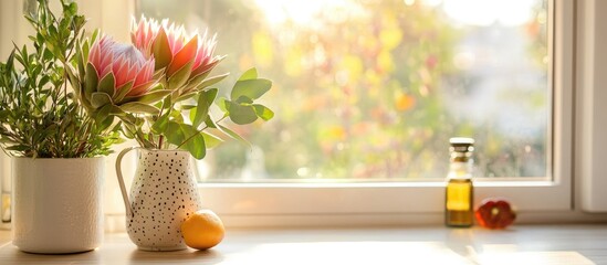 Wall Mural - Elegant protea arrangement by a bright kitchen window adding charm to interior decor and creating a warm inviting atmosphere