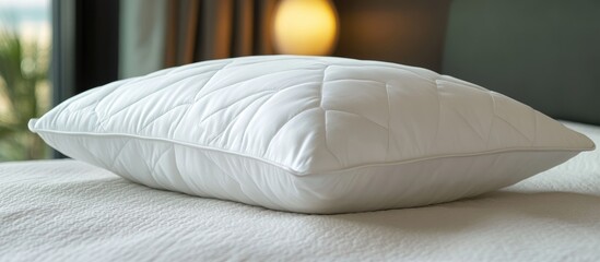 Poster - Elegant white pillow on a cozy bed creating a serene and inviting bedroom atmosphere with modern decor elements