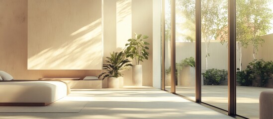 Poster - Minimalist bedroom design with natural light, neutral colors, and lush greenery creating a serene and inviting atmosphere