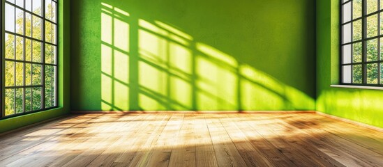 Poster - Bright green interior room with wooden flooring and natural light creating an inspiring space for design ideas and creative projects