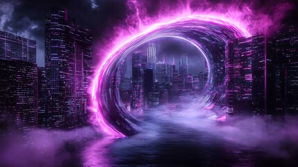 Poster - captivating cyberpunk inspired cityscape with a swirling vortex of vibrant neon drenched light and q