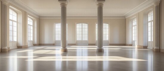 Poster - Modern empty office space with elegant columns and natural light ideal for showcasing a comfortable and spacious workspace design