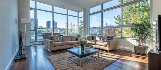 Poster - Modern apartment interior featuring elegant furnishings and abundant natural light from large windows with a view of the city skyline.