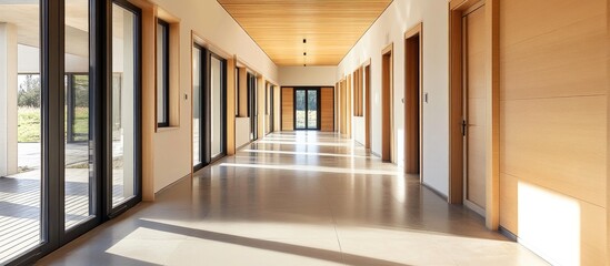 Poster - Light-filled corridor showcasing multiple doors in a modern eco-friendly homestead emphasizing simplicity and natural materials.