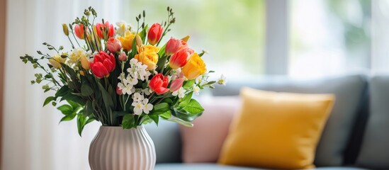 Poster - Bright and inviting living space with vibrant flower arrangement and panoramic city views perfect for modern interior design.